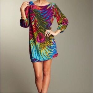 Trina Turk Vibrant Kerry Shift Dress Peacock Feather Print Silk Blend Size 4